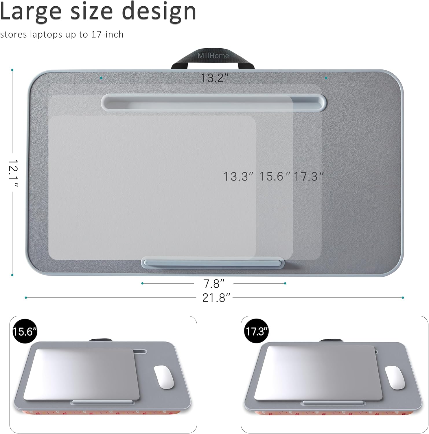 Lap Desk | Portable Laptop Desk – Fits Up to 17.3" Laptops – Detachable & Washable Cushion, Phone Holder, Device Ledge – for Writing, Working, Reading on Bed, Couch, Sofa, Floor – Millhome -Peach Pink