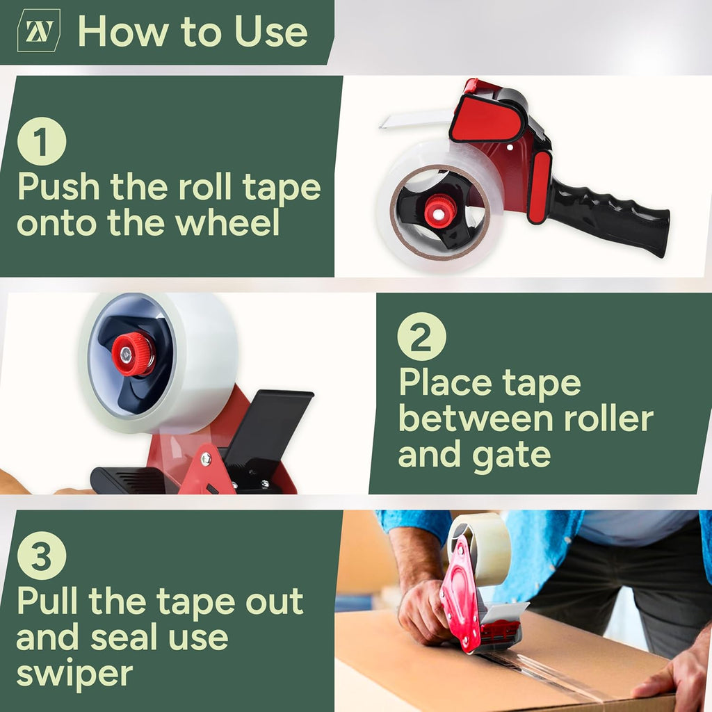 Heavy Duty Tape Dispenser with 6 Clear Packaging Tapes - 48cm X 66m - Metal Dispenser for Moving Boxes, Warehouses or General Packing