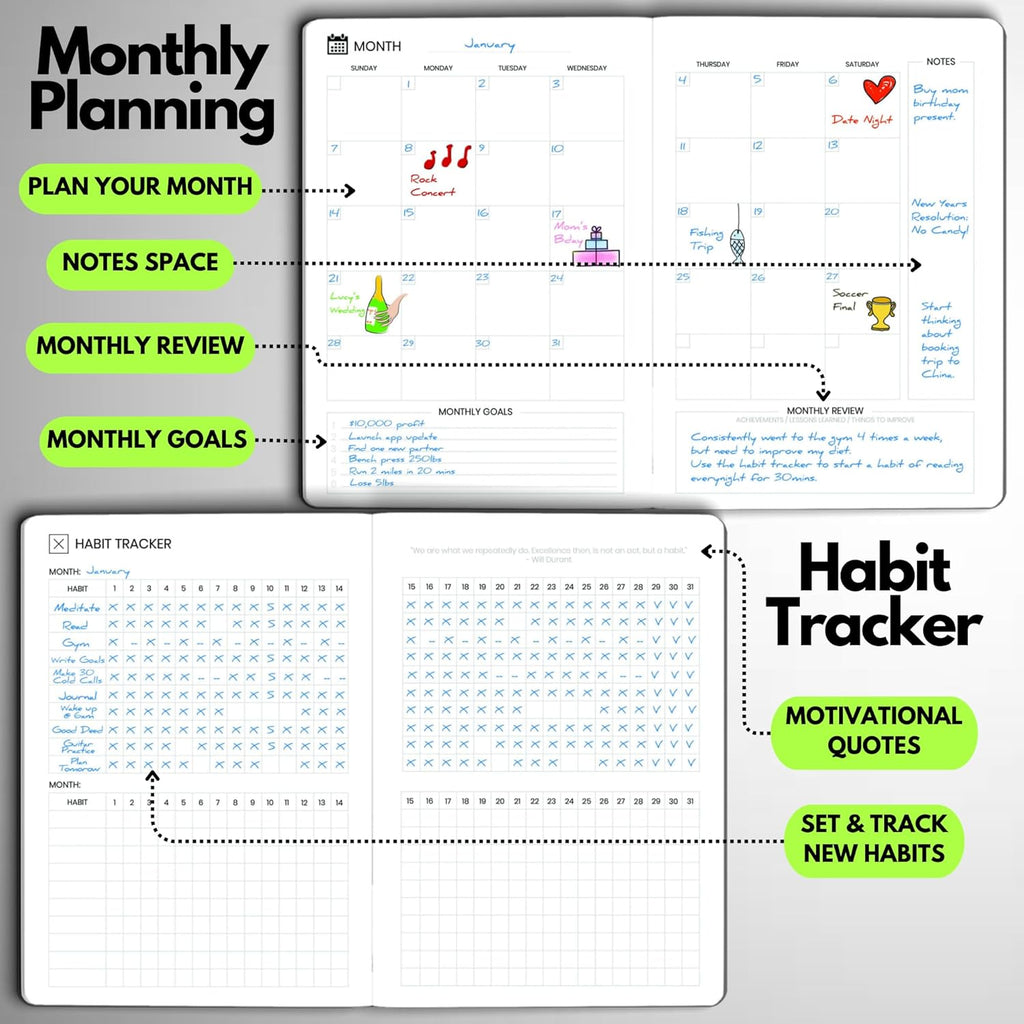 Undated Daily Planner – 6-Month A5 Productivity Organizer with Full Page Per Day, Hourly Schedule, Goal Setting, Habit Tracker, Weekly & Monthly Pages – Hardcover Time Management Notebook (Lime Green)