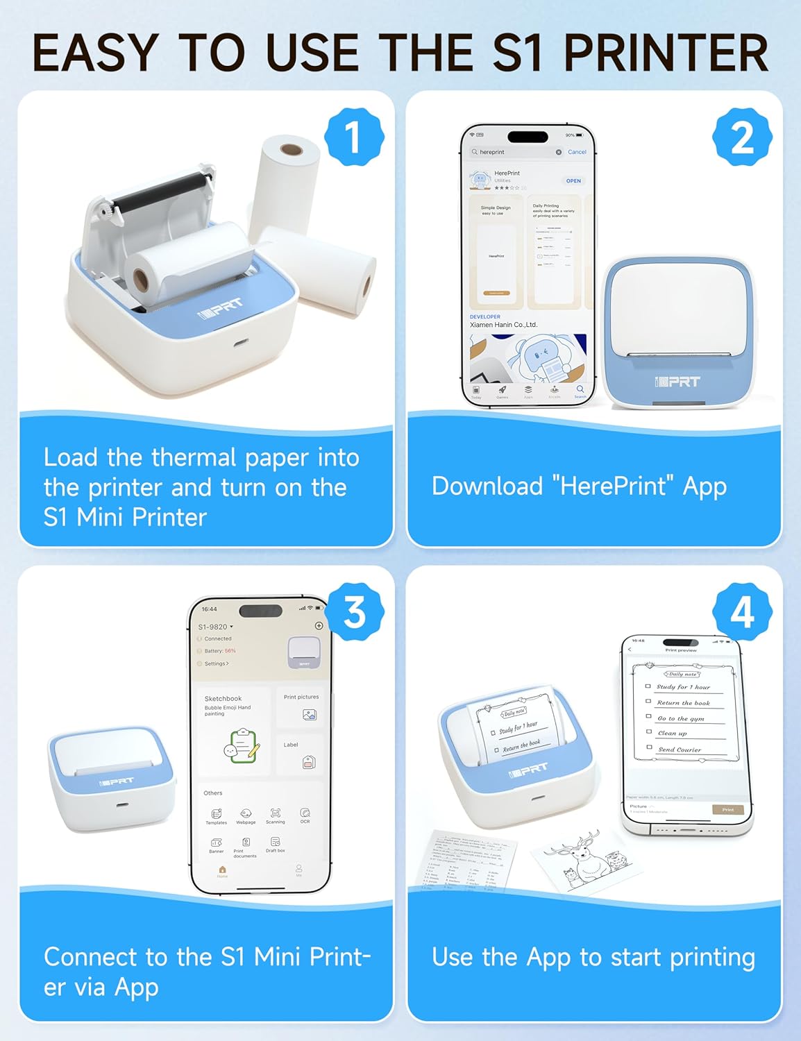 iDPRT Portable Sticker Maker Machine with 1 Roll Sticker Paper, Mini Printer Efficiently and Quickly, Thermal Printer for Study Notes, Pictures, DIY, Label, Free App with Multiple Templates,Blue
