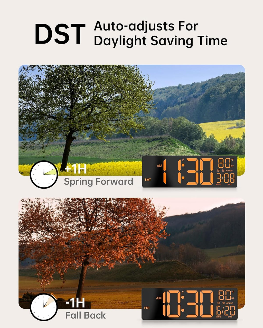 12" Digital Wall Clock for Classroom Livingroom Game Home Decor with LED Display RGB Lights, BIuetooth Sync, Dual Alarms, Auto DST, Countdown, Remote Control, Temperature