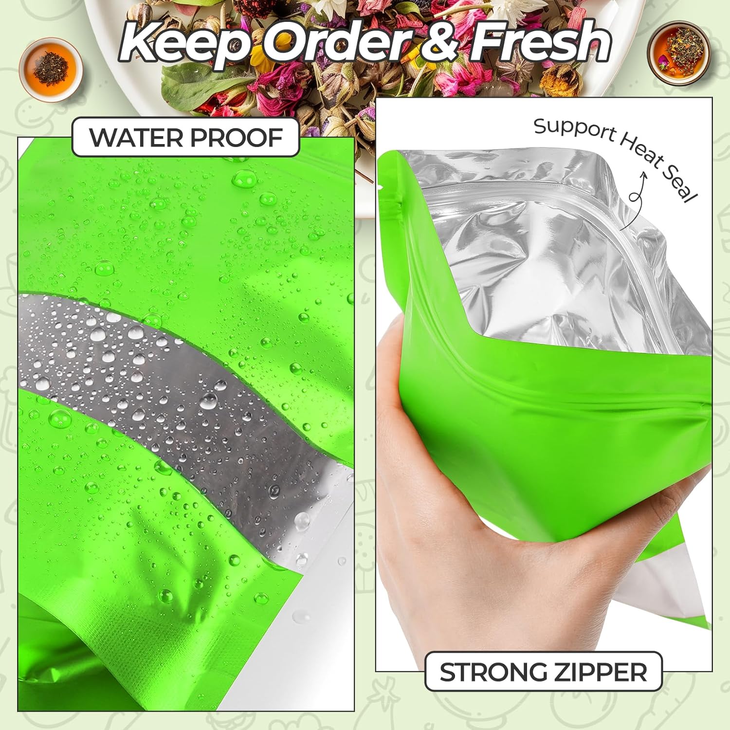 Funfery 100 Pcs Smell Proof Packaging Bags,Mylar Clear Bags for Food Storage,Sealable Bag for Packaging,Stand Up Pouches with Window,ReSealable Bag for Small Business,Cookies,Candy(Green,6.3x9.4in)