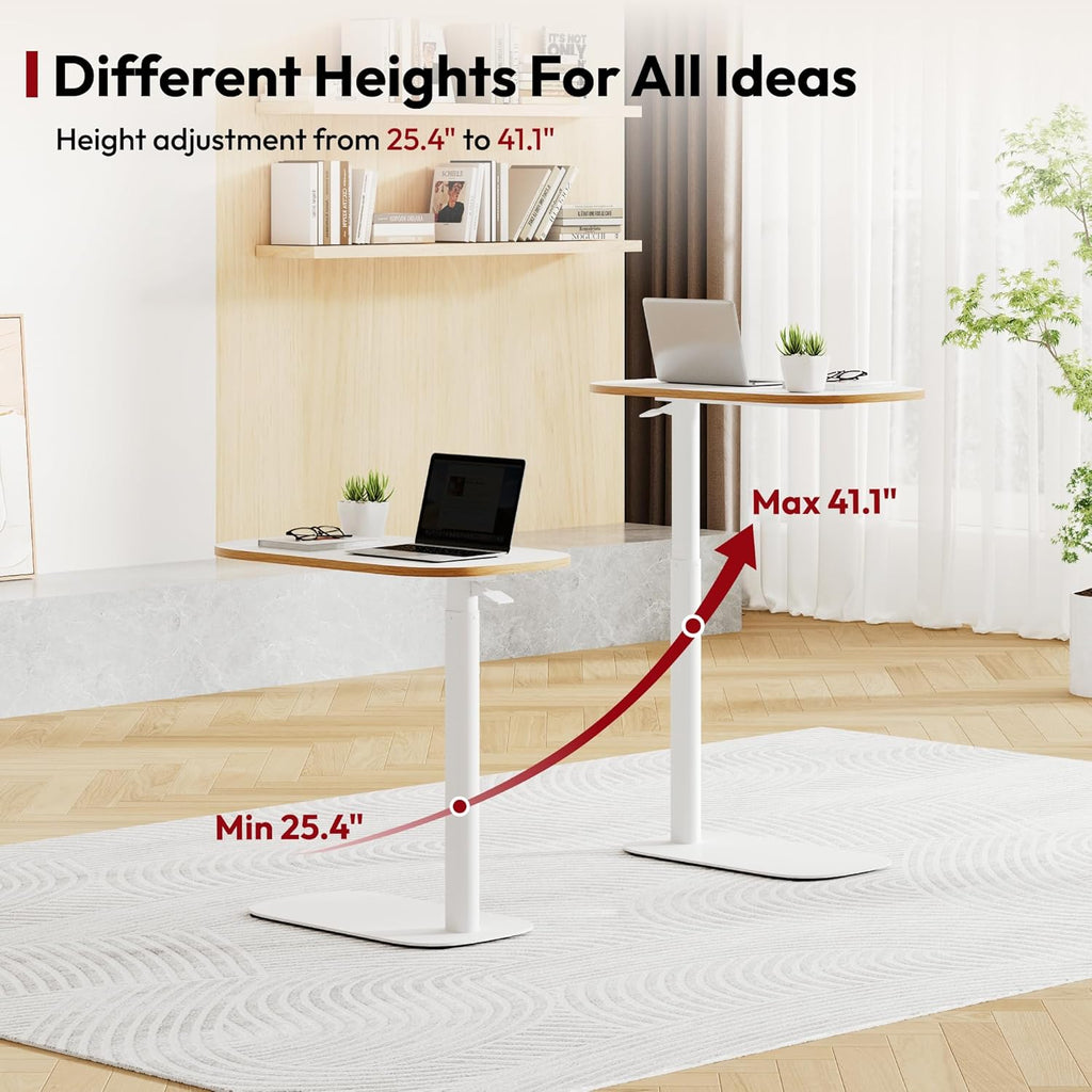 SANODESK Small Standing Desk Pneumatic Height Adjustable Small Sit Stand Desk Laptop Desk Overbed Table Computer Cart for Home Office Computer Workstations(23.6" W x 13.8" D,White+Maple Band)