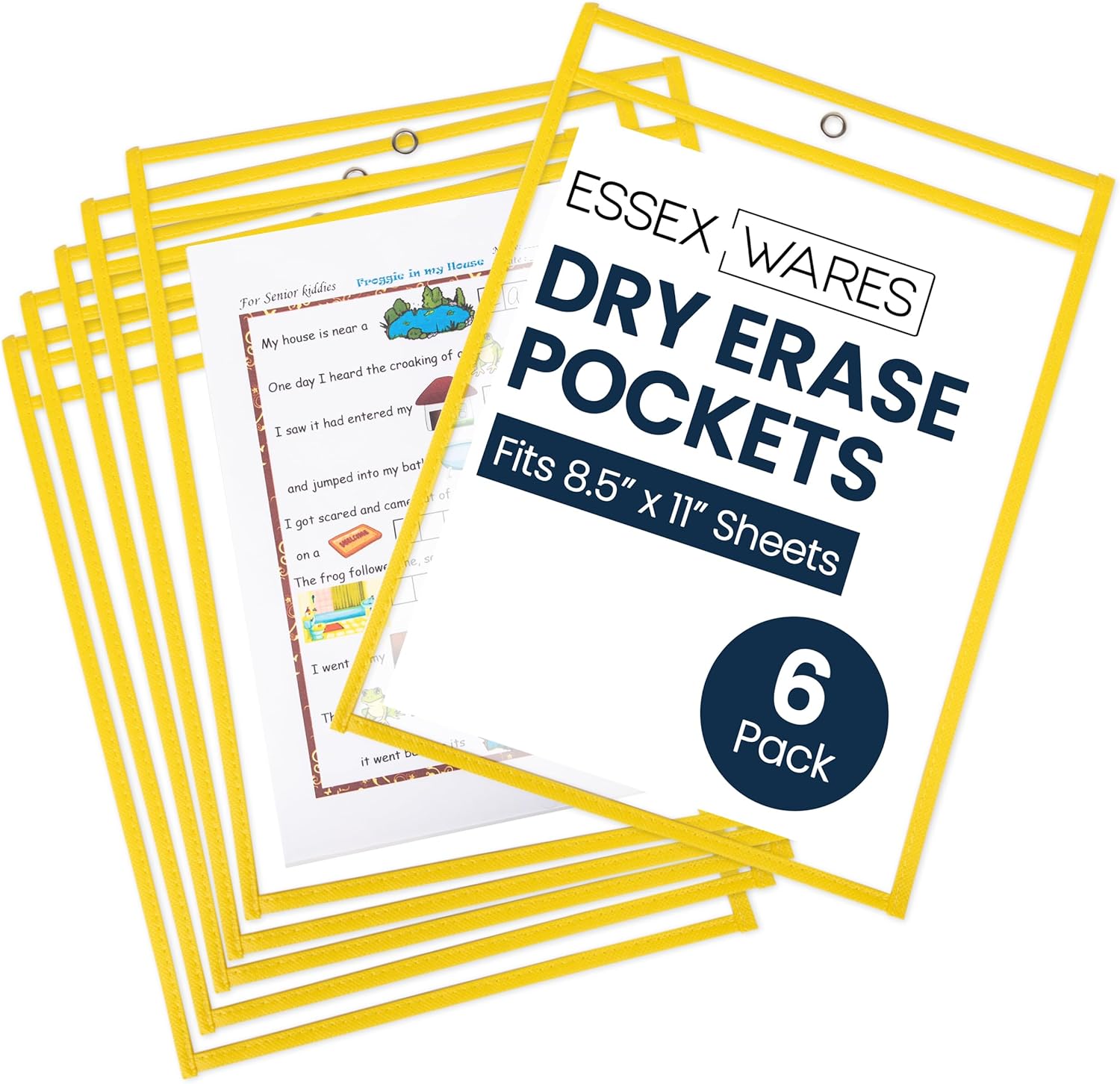 Essex Wares - 6 Pack, Yellow, Dry Erase Pocket Document Protectors, 10" Wide x 13.5" Tall - Dry Erase Clear Plastic Sleeves - Reusable & Easy Erase Plastic Invoice Holders, Water-Resistant & Durable