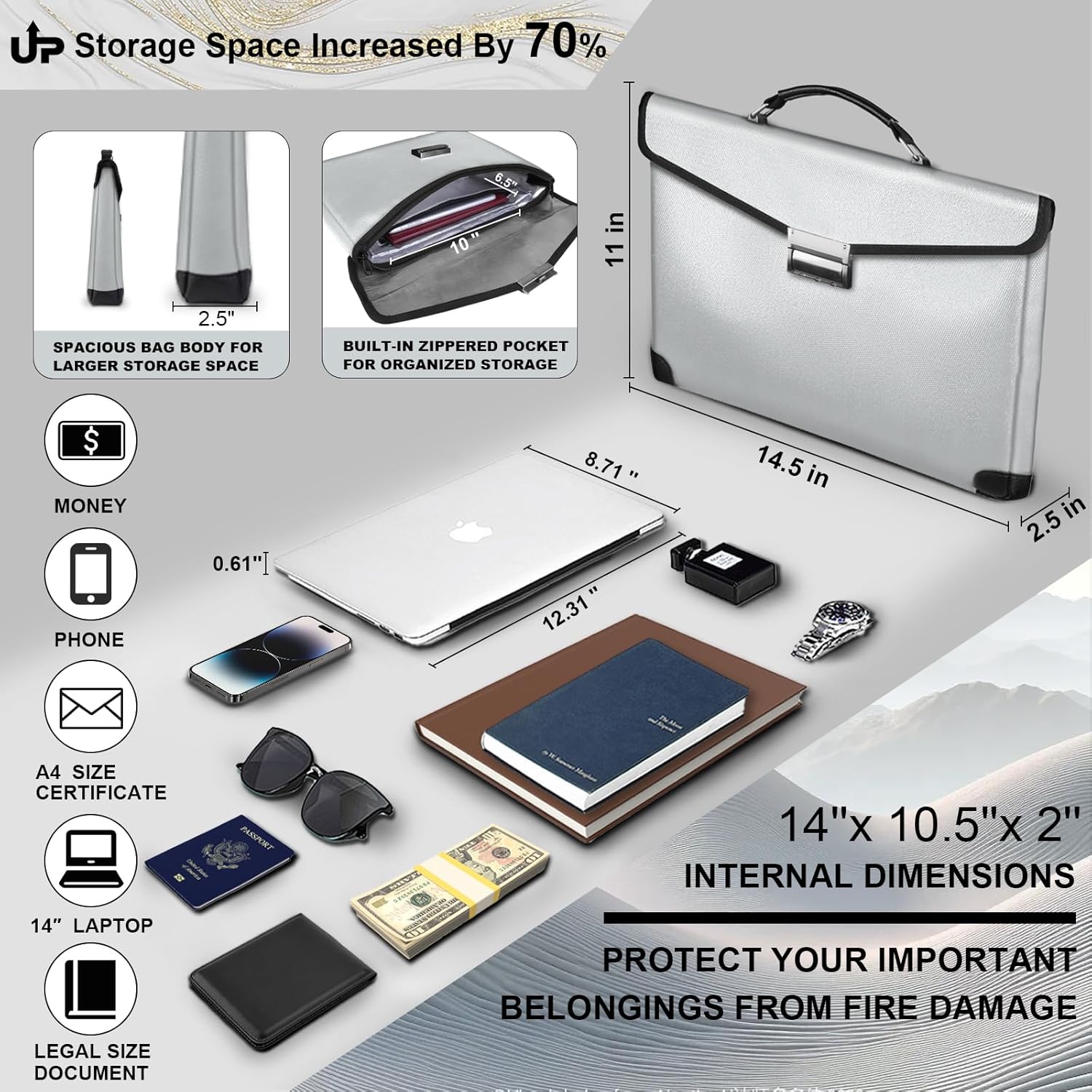 Fireproof Document Bag 14.5"X11"X2.5" Fireproof Money Bag for Cash With Lock and Zipper,Fire&Waterproof Storage Organizer Pouch for Valuables,Legal Document,Laptop,Passport,(Silver)