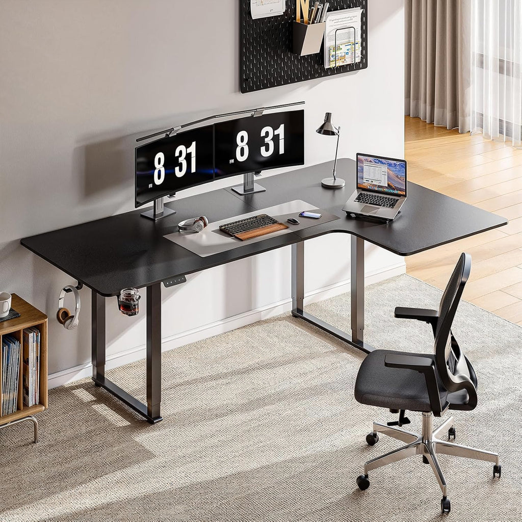 L Shaped Standing Desk, 63x43 Inches Electric L Stand Up Desk with 4 Legs, Dual Motor and Memory Controller, Adjustable Height from 28-46 Inches for Home and Computer Workstation, Black