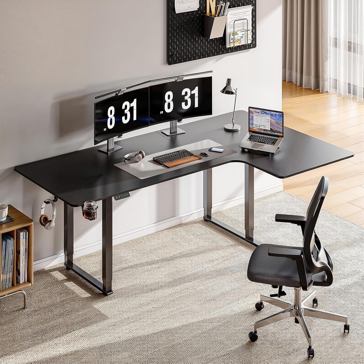 L Shaped Standing Desk, 63x43 Inches Electric L Stand Up Desk with 4 Legs, Dual Motor and Memory Controller, Adjustable Height from 28-46 Inches for Home and Computer Workstation, Black