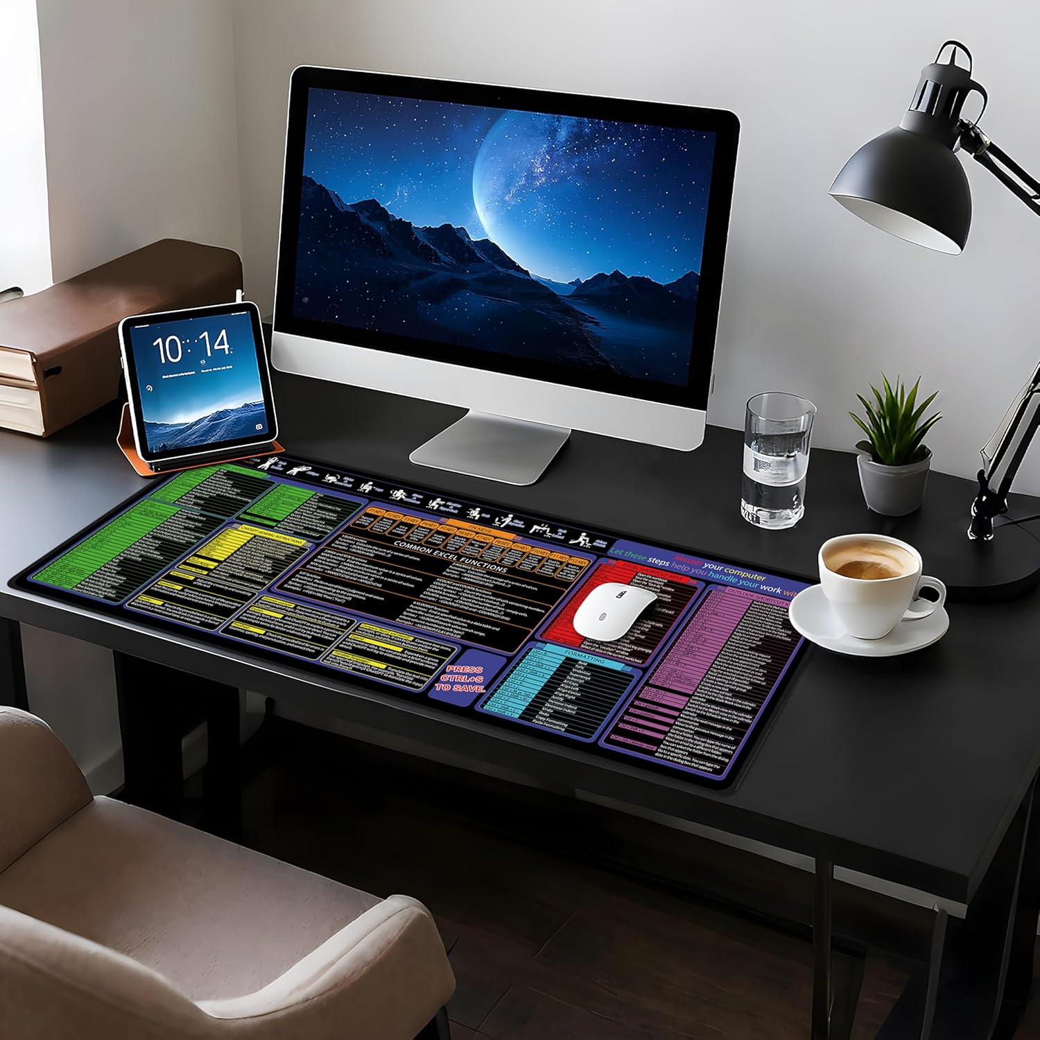 Mouse Pad with Excel, Word, Shortcuts – Excel Cheat Sheet Desk Pad – Portable Computer Mousepad – Gaming, Office, Waterproof, Non-Slip, Stitched Edges 35.5 x 15.7inches x 3mm