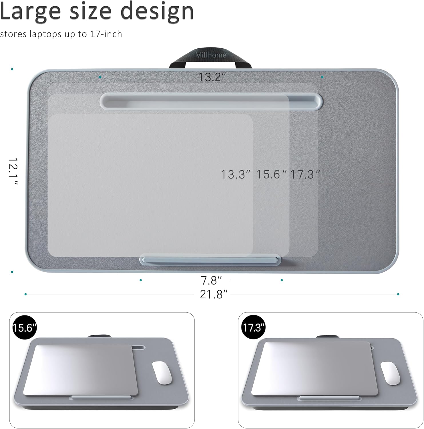 Lap Desk, Lap Desk with Cushion, Fits up to 17 inch Laptop, Pillow Designed, Portable Laptop Stand with Tray, Pad & Phone Holder, Home Office for Bed/Couch/Car/Reading/Writing, MillHome (Gray)