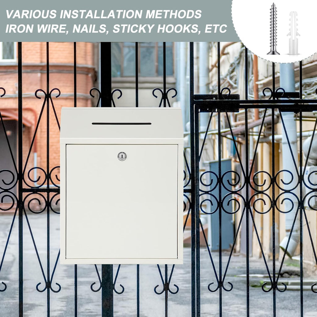 Metal Donation Cash Box Collection Safe Suggestion Box with Lock Wall Mounted Mailbox Delivery Ballot Container for Home Office Outdoor Door(White,15 x 12 x 4 Inch)