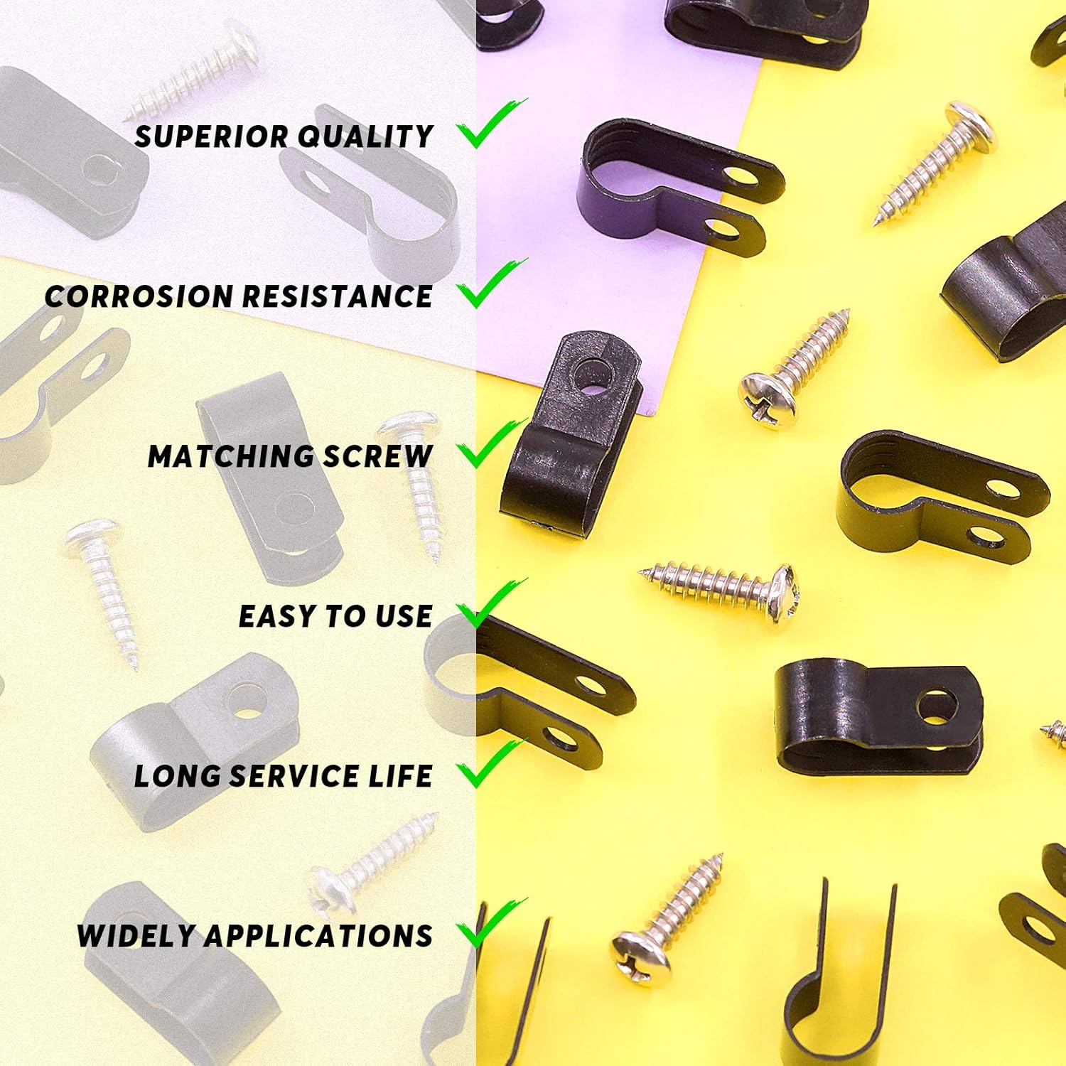 Swpeet 60 Pack Black 5/16 Inch Nylon Plastic R-Type Cable Clips Clamp Kit, Nylon Screw Mounting Cord Fastener Clips with 60 Pack Screws for Wire Management (5/16 Inch, Black)