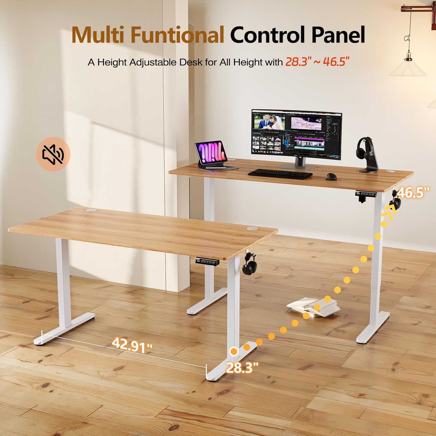 Monomi 55 Inch Large Electric Standing Desk, Height Adjustable Sit Stand Up, Work Home Office Computer PC Desks, Gaming Writing Study Bedroom Rising Table, Natural