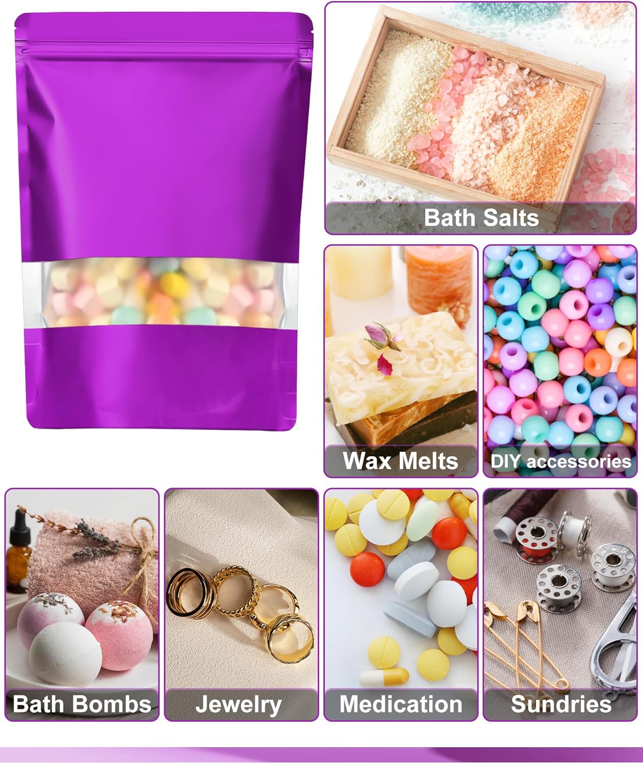 FireKylin 100 Pack Smell Proof Bags 6.3" x 9.4", Resealable Bags with Matte Window, Foil Pouch Stand Up Sealable Bags for Packaging(Purple)