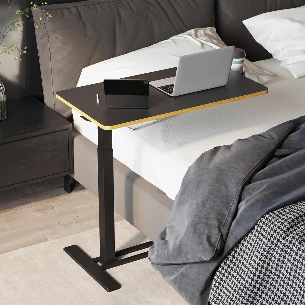 SANODESK Mobile Standing Desk with Hidden Wheels,Pneumatic Laptop Desk Rolling Computer Cart Movable Height Adjustable Small Sit Stand Desk for Home Office(31.5" W x 17.7" D, Black+Maple Band)