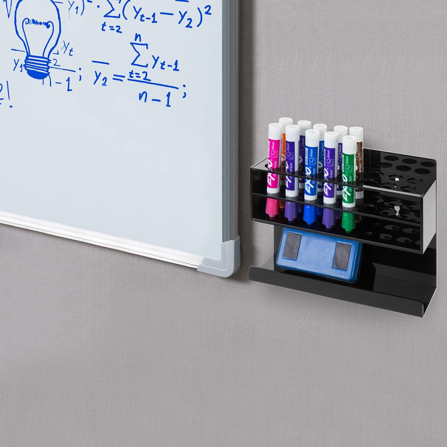 MyGift Wall Mounted Premium Black Acrylic Dry Erase Marker Holder with 16 Slots for Marker Pens and Eraser Storage Tray Whiteboard Accessories Rack for Home Office School Dorm