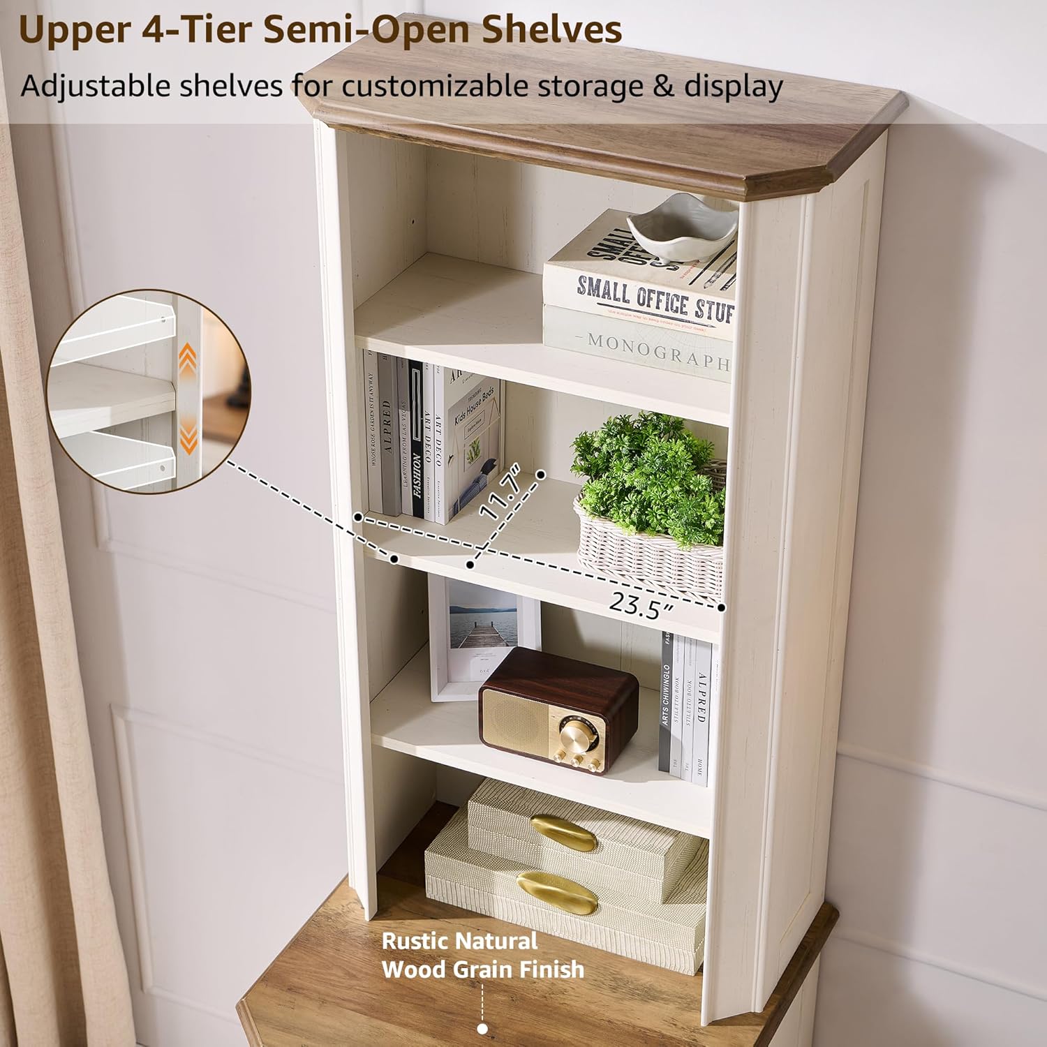 T4TREAM 6-Tier Bookcase with 2 File Drawers, 72" Tall Farmhouse Bookshelf with Storage & Adjustable Shelves, Wooden Floor Standing Display Book Shelf Organizer for Home Office, Antique White