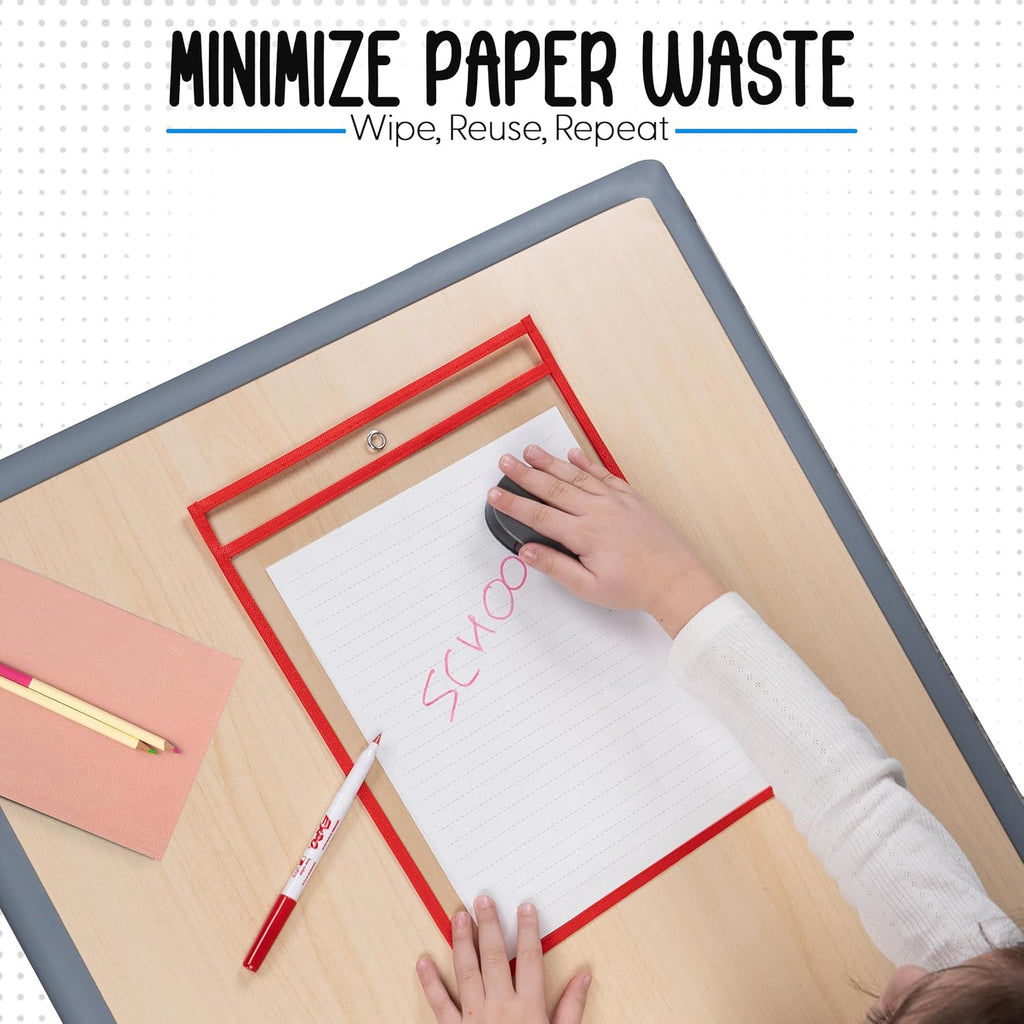 Essex Wares - 6 Pack, Red, Dry Erase Pocket Document Protectors, 10" Wide x 13.5" Tall - Clear Plastic Sleeves - Reusable & Easy Erase Plastic Invoice Holders, Water-Resistant & Durable