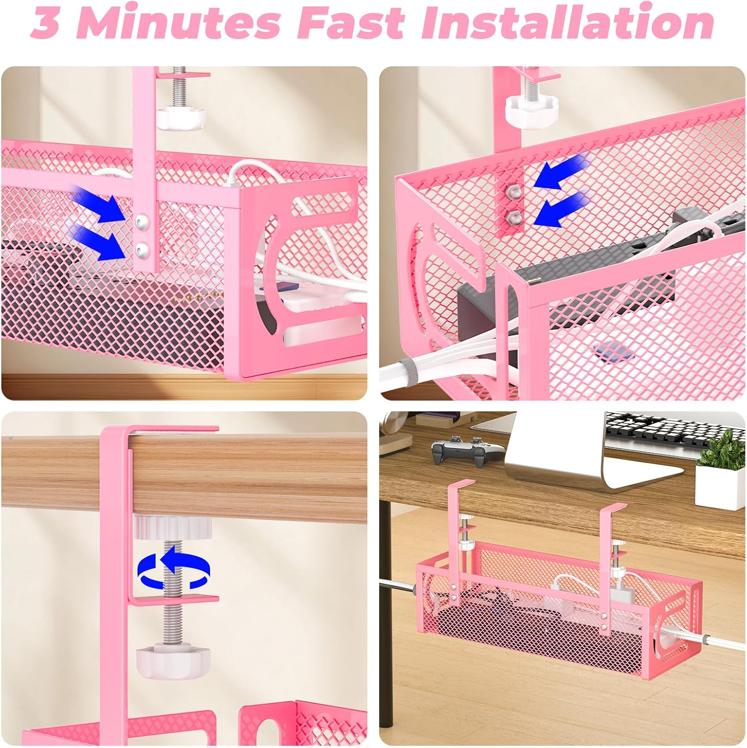 Under Desk Cable Management Tray, 15.7'' No Drill Steel Desk Cable Organizers, Wire Management Tray Cable Management Rack Cord Storage(1 Pack-Black)