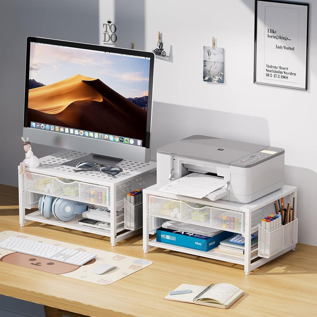Marbrasse Metal Printer Stand for Desk with Storage Drawer and 2 Pen Holders, 2-Tier Desktop Organizer Printer Table for Home Office, Multi-Purpose Desk Organizer for Fax Machine Scanner Files(White)