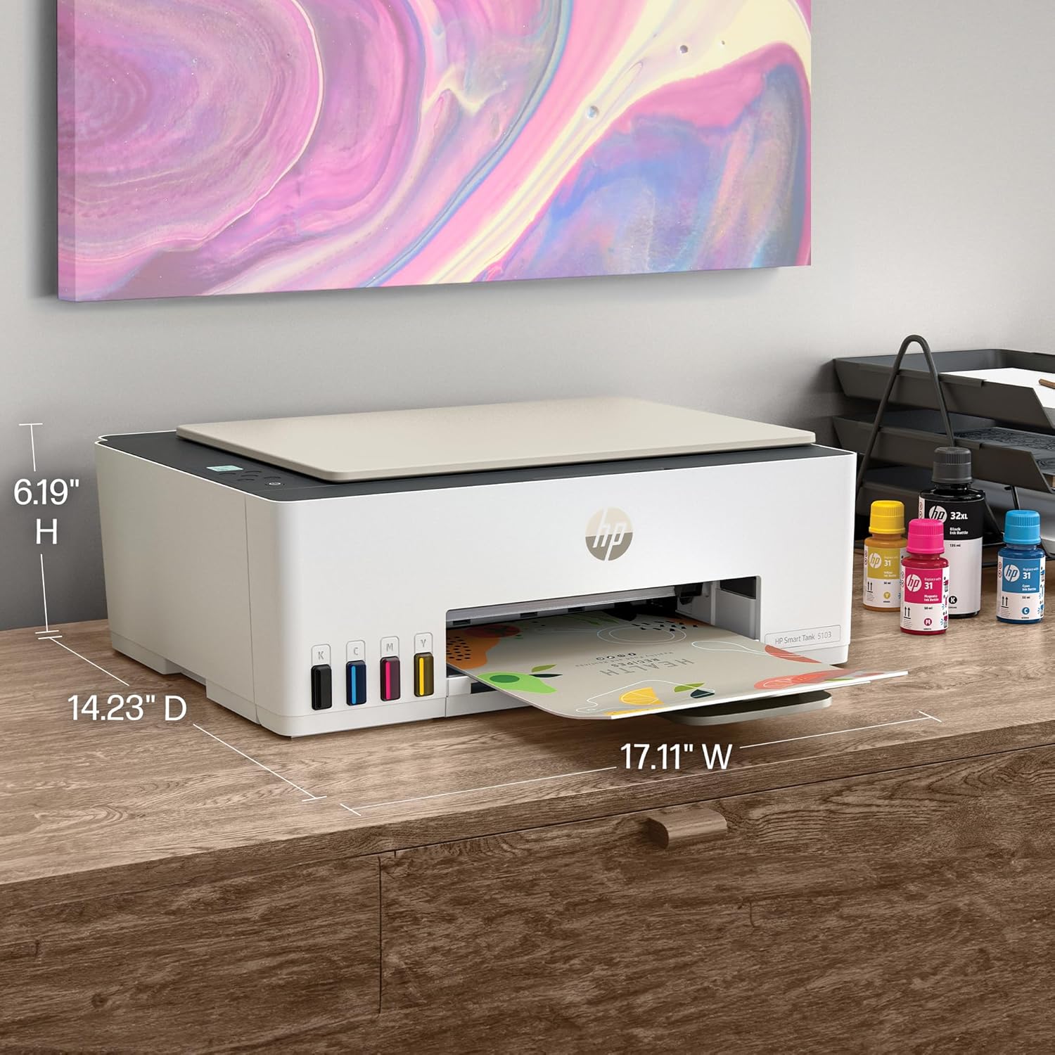 HP Smart Tank 5103 Wireless All-in-One Refillable Ink Tank Printer, Scanner, Copier with 2 Years of Ink and 100 Sheets of Photo Paper Included, Best for Home (5D1B2A)