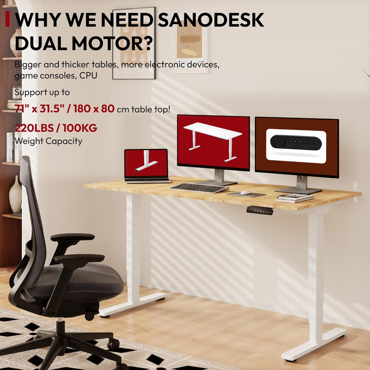 Standing Desk with Dual Motor, 3-Stage Lifting Column, Handset with 3 Preset and Sit-Stand Reminder - 60 inch Whole Piece Real Bamboo Desk/White Frame, Height Adjustable Desk for Home and Office
