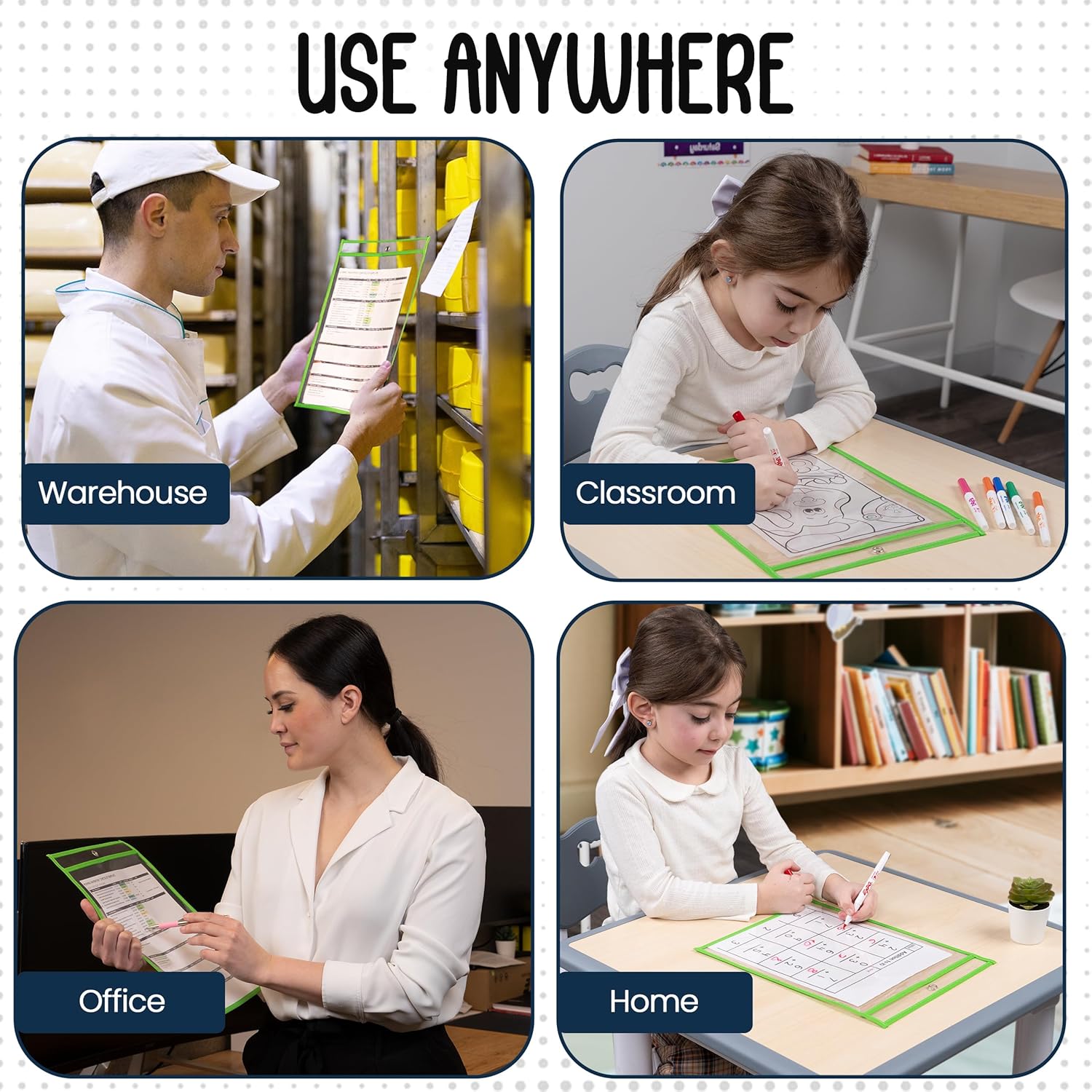 Essex Wares - 6 Pack, Green, Dry Erase Pocket Document Protectors, 10" Wide x 13.5" Tall - Dry Erase Clear Plastic Sleeves - Reusable & Easy Erase Plastic Invoice Holders, Water-Resistant & Durable