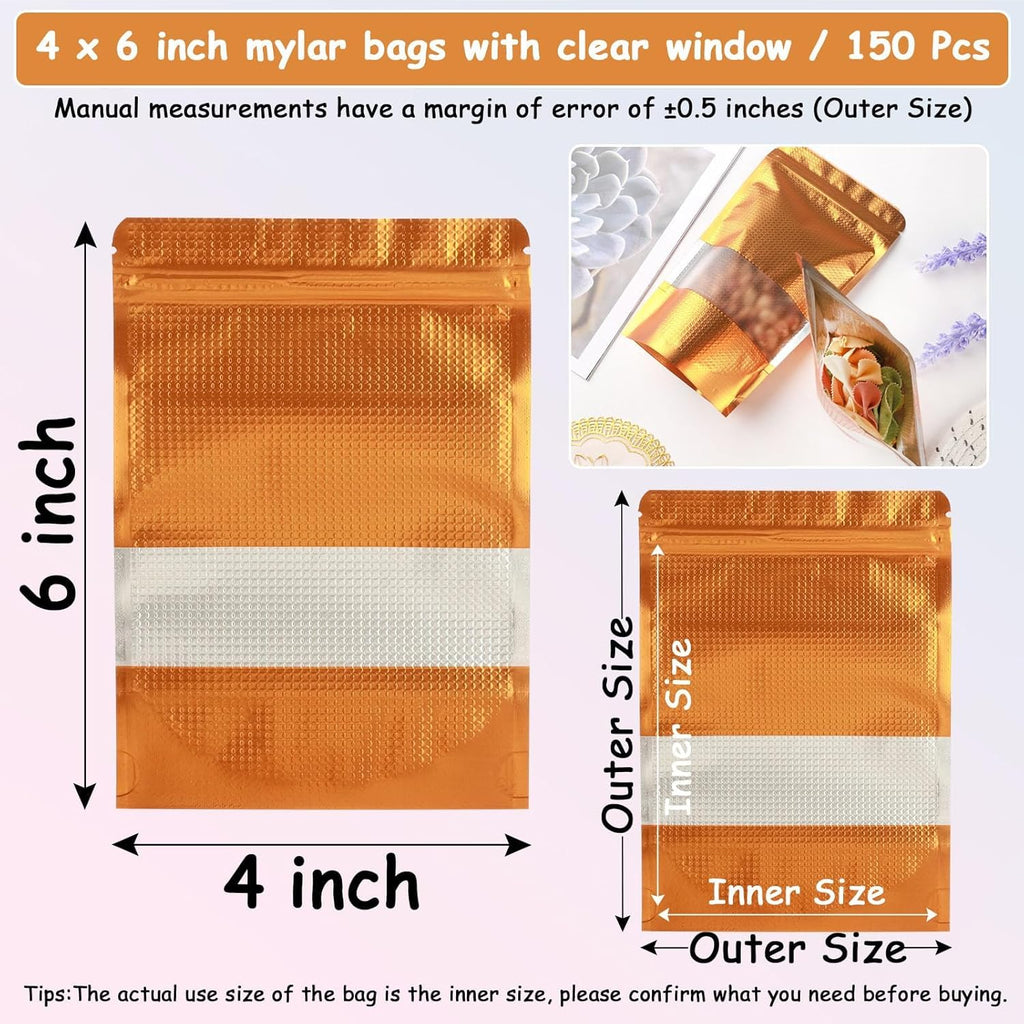 150 Pcs Mylar Bags for Food Storage, 4x6 Mylar Bag with Window Stand Up, Small Holographic Resealable Bags Smell Proof Bag Food Packaging for Small Business Freeze Dried Candy Jewelry Foil Packaging