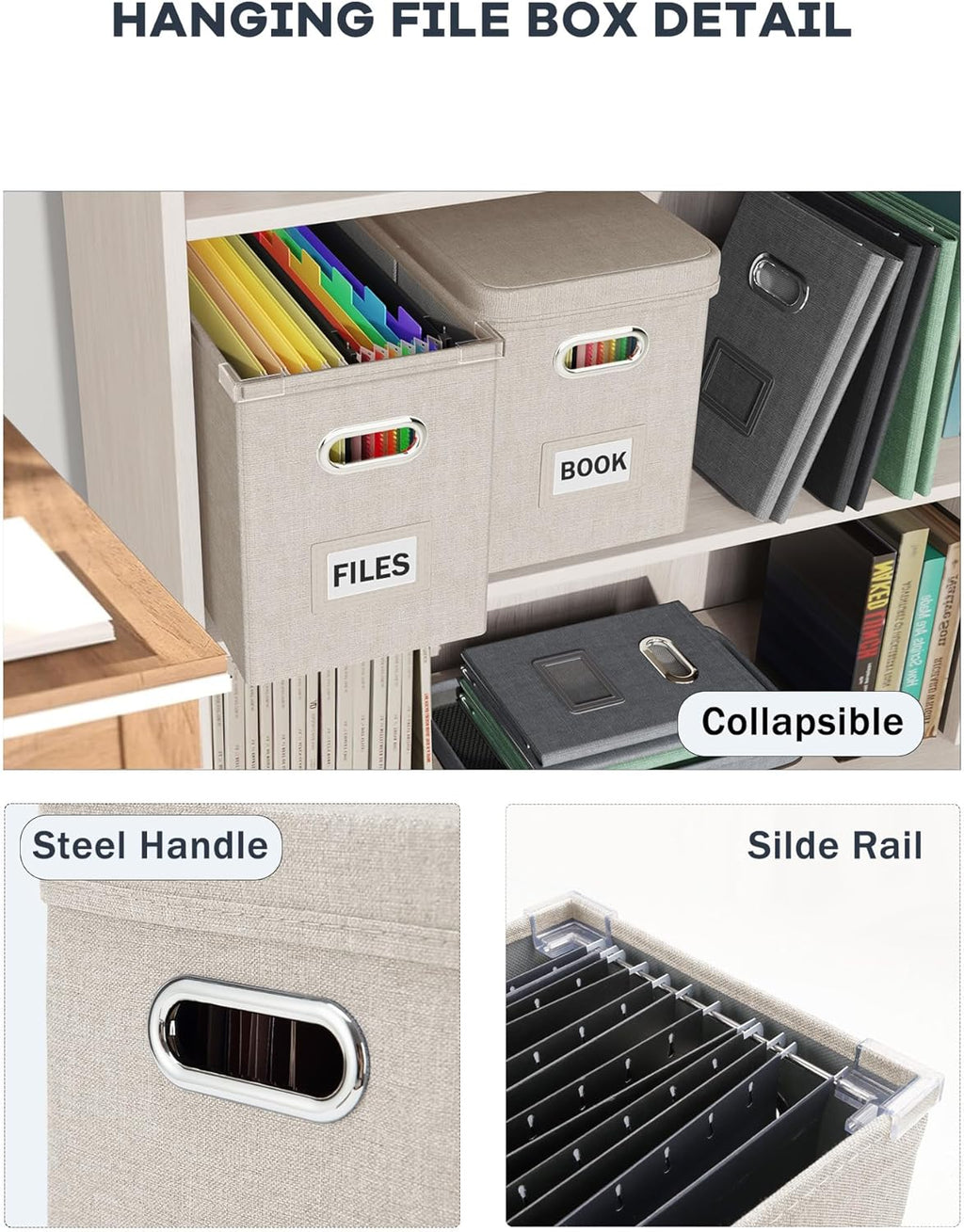 Oterri File Organizer With Lid, Hanging Filing Box With Mesh Pocket, Document Organizer for Letter Files, Portable Storage With Smooth Sliding Rail for Office & Home (2 PCS, Beige)