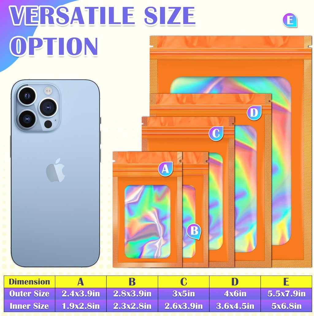 100 Pcs Mylar Bags, Smell Proof Bags Foil Pouch, Holographic Resealable Bags for Small Business, Candy Sample Jewelry Bag Sealable Packaging for Party Favor Food Storage ((2.8x3.9in-Orange)