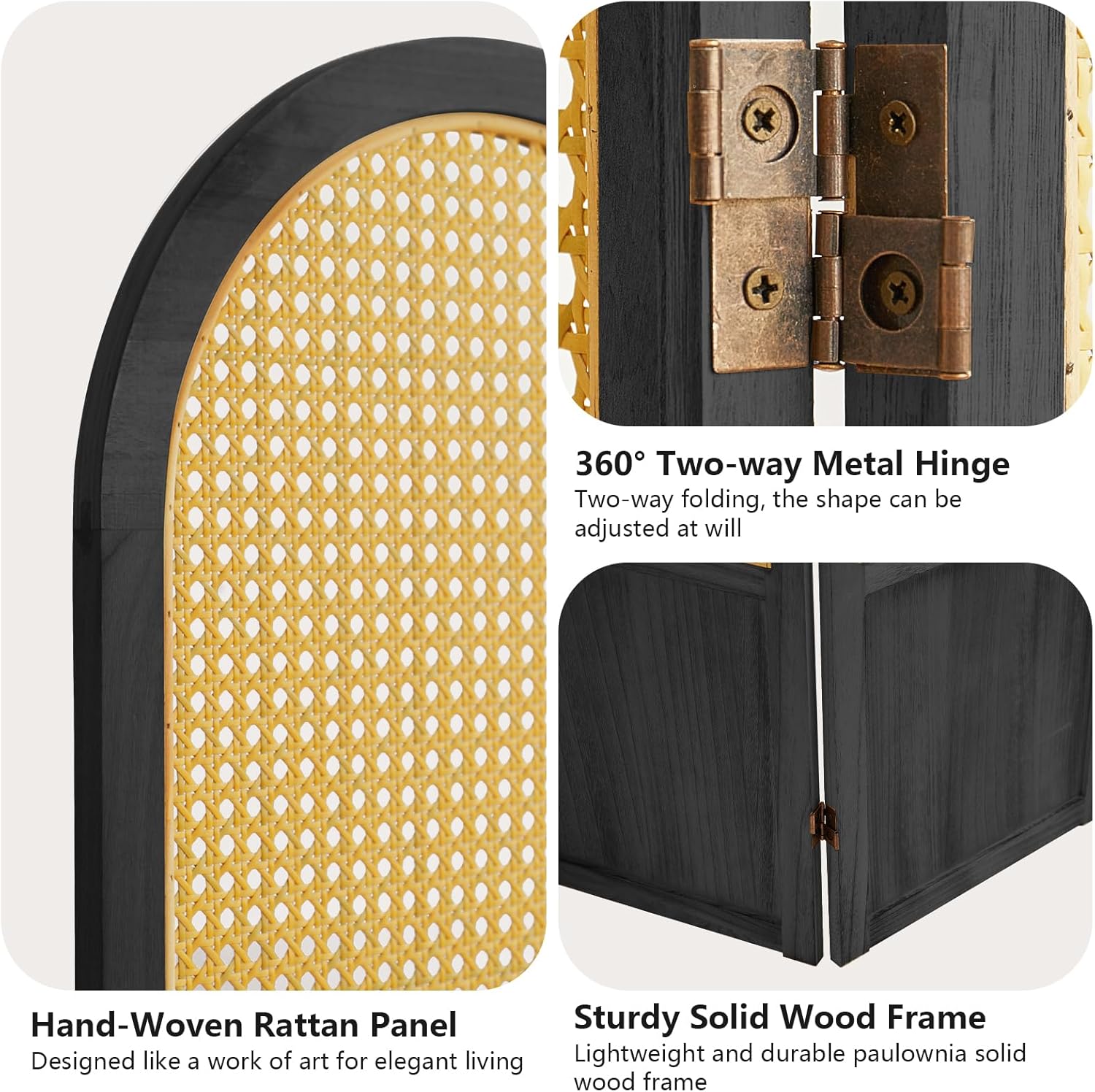 6 Panel Room Divider and Folding Privacy Screen, 5.6 Ft Foldable Double Hinged Rattan Partition, Hand-Woven Rattan Room Divider Portable Wood Freestanding Wall Divider for Room Separation - Black