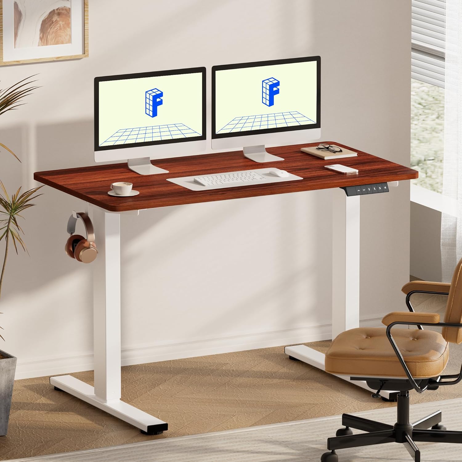 FLEXISPOT EN1 One-Piece Standing Desk, 55 x 28 Inches Electric Height Adjustable Desk for Home Office (White Frame + Mahogany Desktop, 2 Packages)