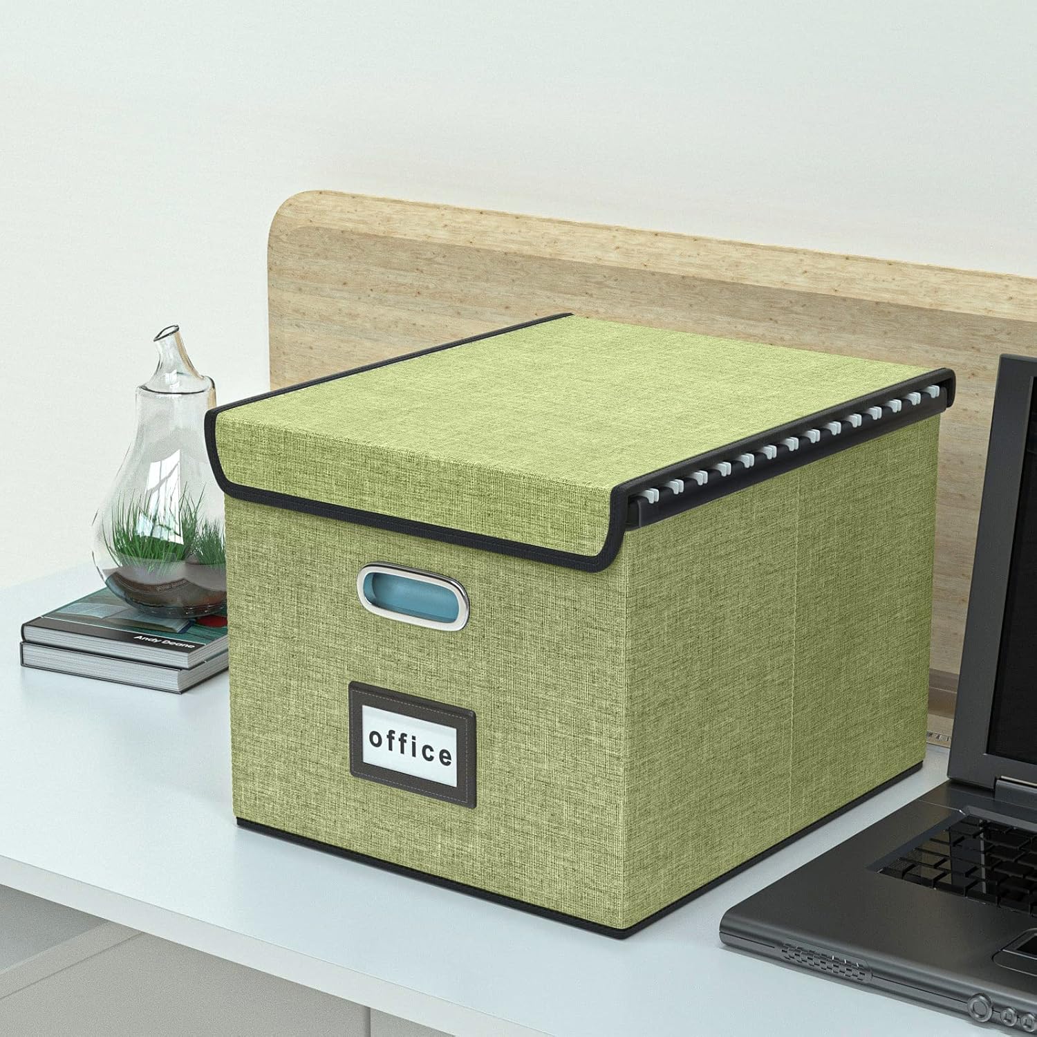 Huolewa Decorative File Organizer Storage Box with Lid, Linen Hanging Filing & Storage Box with Plastic Slide for Office/Decor/Home, Universal Hanging Filing Organization Box for Letter/Legal Folder