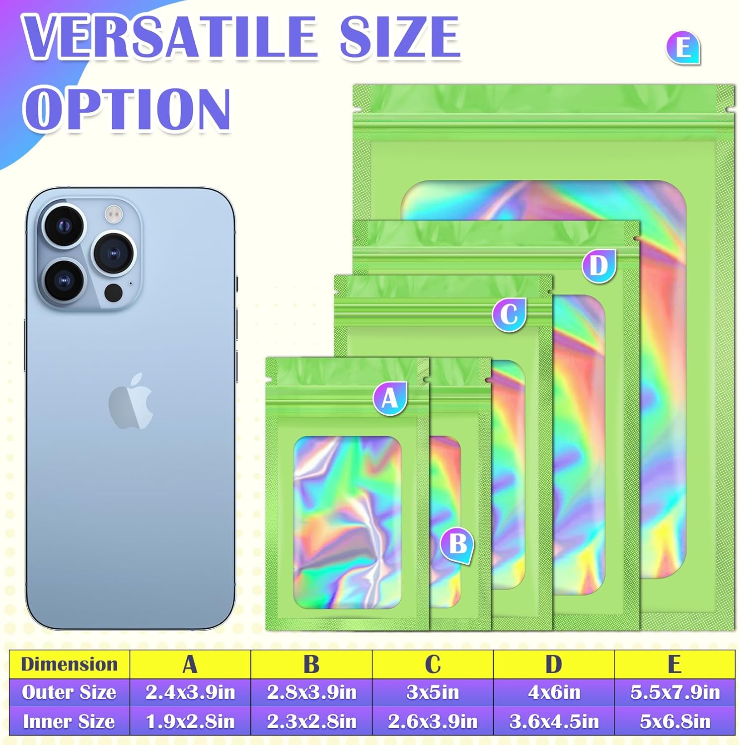 100 Pcs Mylar Bags, Smell Proof Bags Foil Pouch, Holographic Resealable Bags for Small Business, Candy Sample Jewelry Bag Sealable Packaging for Party Favor Food Storage (5.5x7.9in-Green)