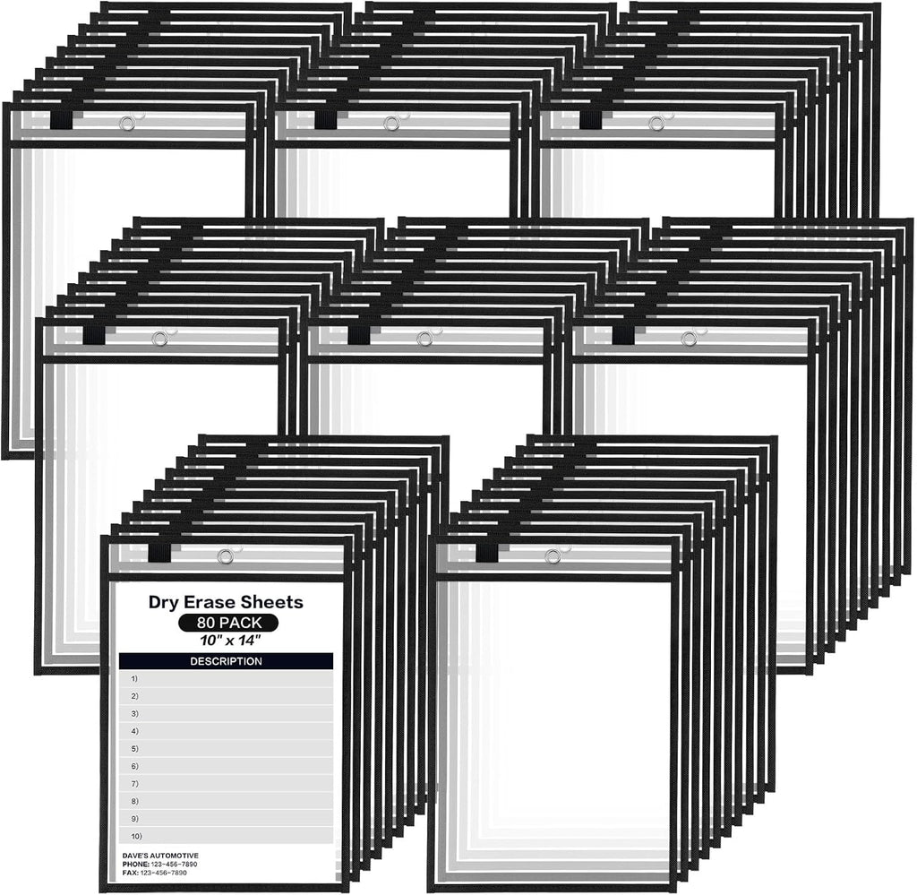 80 Pack Dry Erase Pockets, Black 14 x 10 Inch Reusable Job Ticket Holders Work Order Plastic Sleeves Shop Ticket Folder Dry Erase Sheet Protectors for Teacher Classroom Office Organization