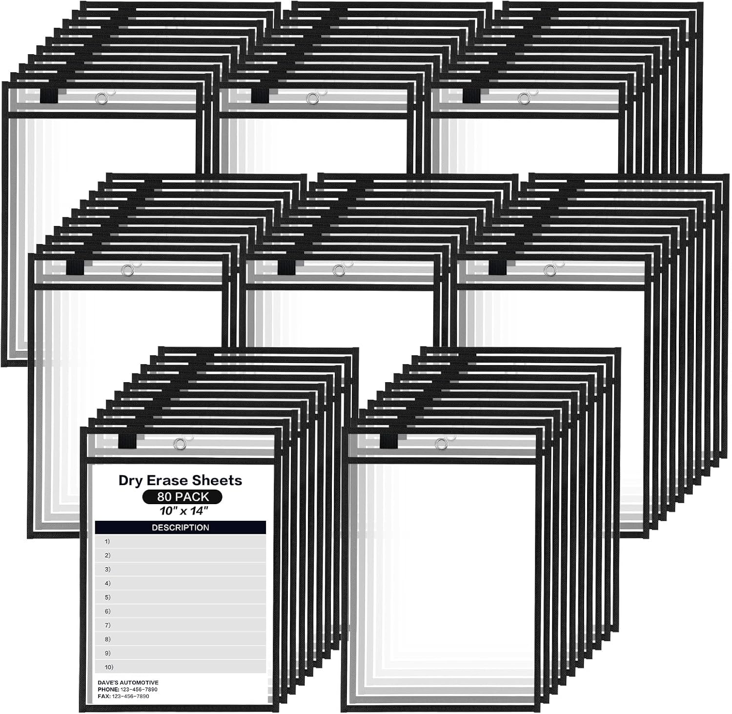 80 Pack Dry Erase Pockets, Black 14 x 10 Inch Reusable Job Ticket Holders Work Order Plastic Sleeves Shop Ticket Folder Dry Erase Sheet Protectors for Teacher Classroom Office Organization