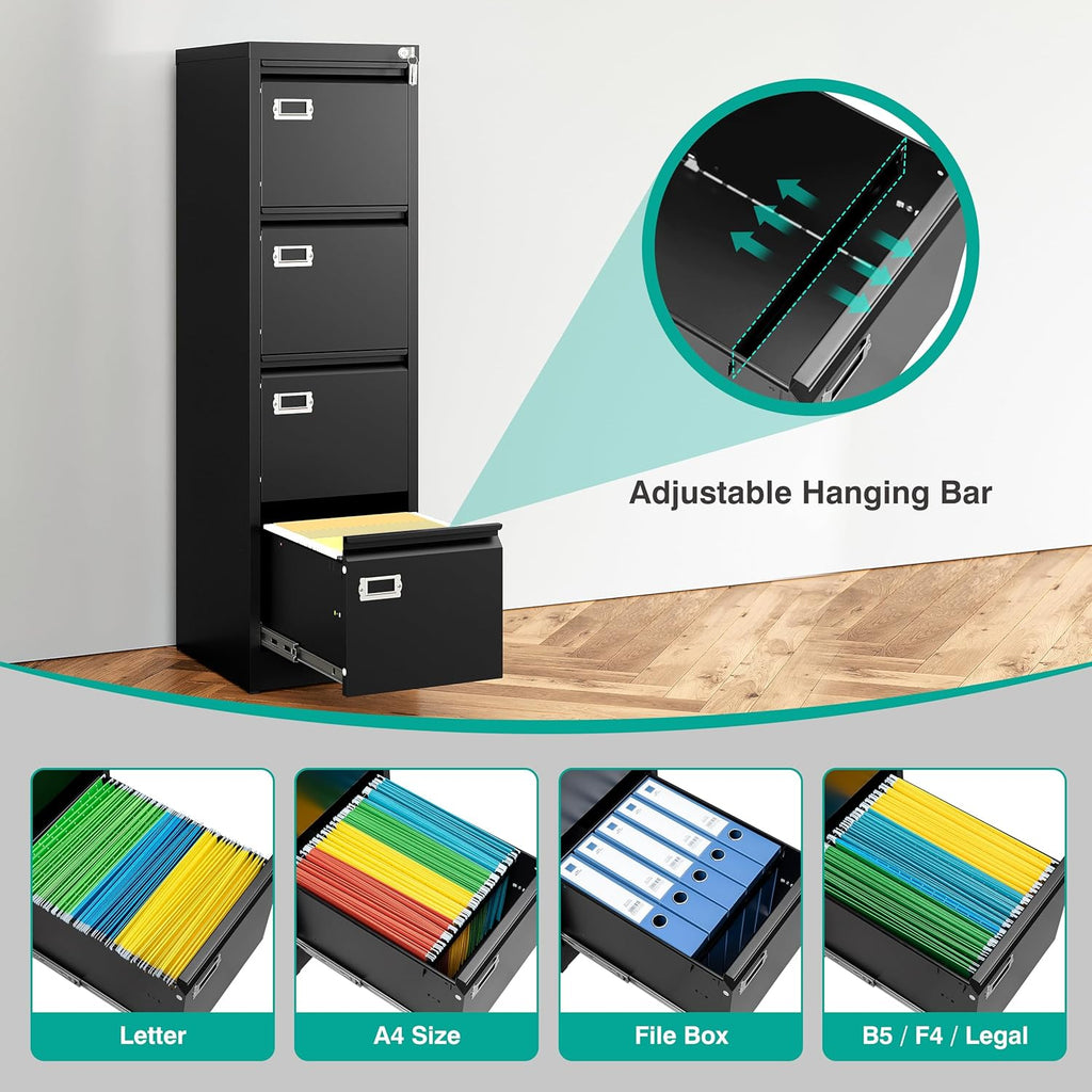 SISESOL 4 Drawer File Cabinet with Lock and Tag,Black Vertical File Cabinet,Narrow Locking Filing Cabinets with Drawers,Metal Filing Storage for Home Office Fit A4 Legal/Letter Size