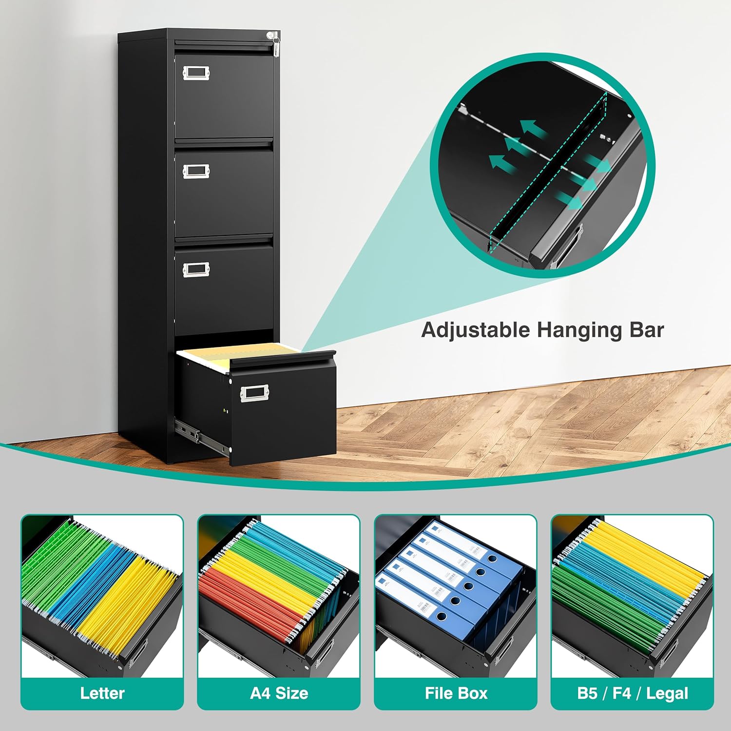 SISESOL 4 Drawer File Cabinet with Lock and Tag,Black Vertical File Cabinet,Narrow Locking Filing Cabinets with Drawers,Metal Filing Storage for Home Office Fit A4 Legal/Letter Size