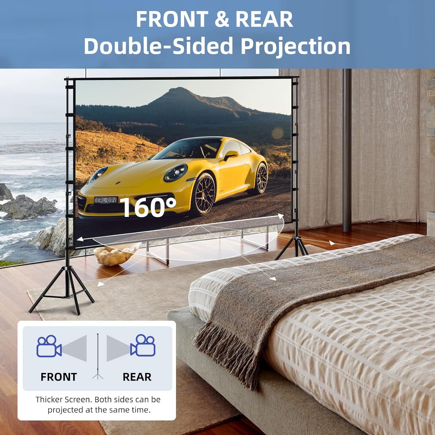 TOWOND Projector Screen and Stand, 120 inch Outdoor Projection Screen, Portable 16:9 4K HD Rear Front Movie Screen with Carry Bag Wrinkle-Free Design for Home Theater Backyard Cinema