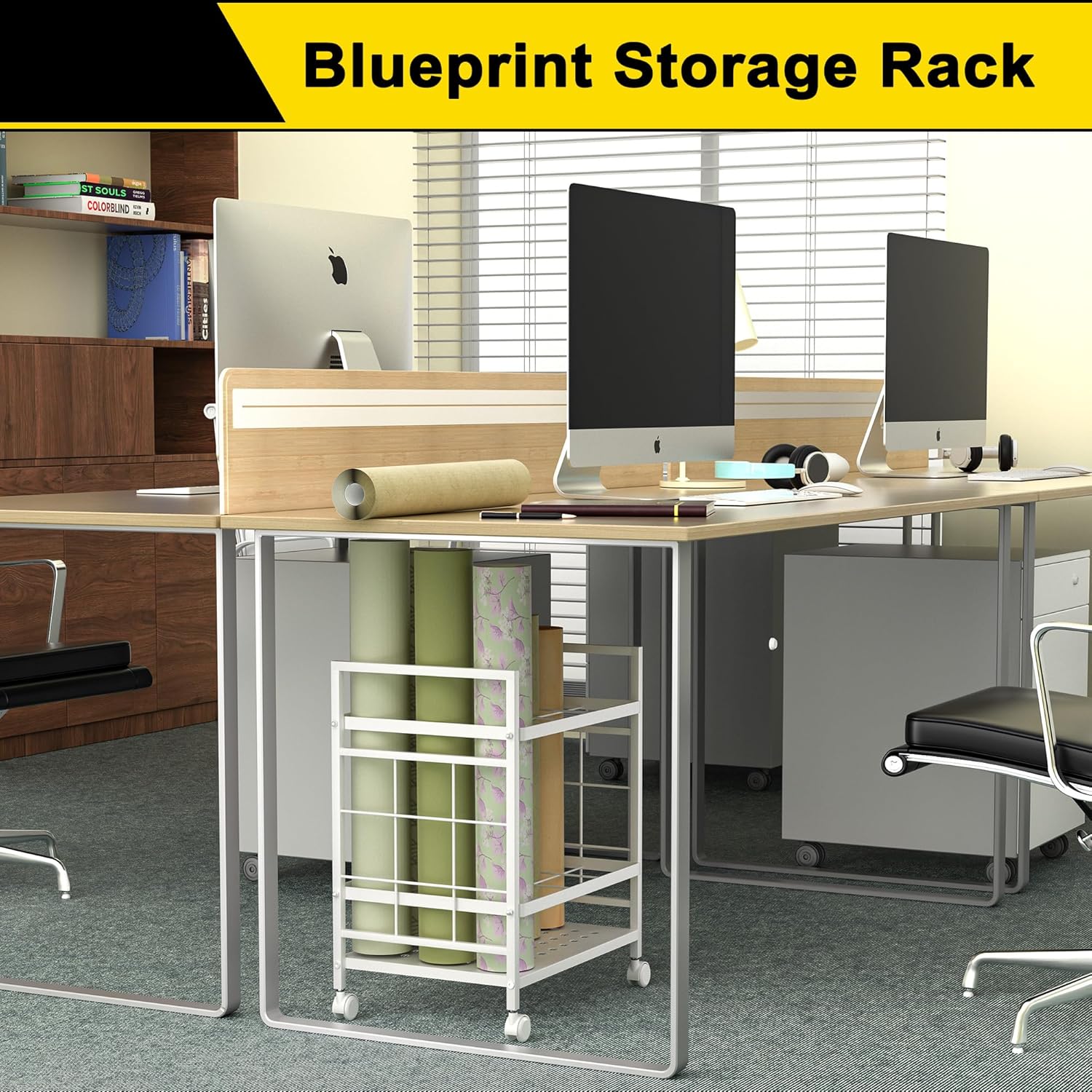 GIOTORENT Blueprint Storage Rack, Holder with Wheels, Map/Poster/Architectural Plan Storage, 12 Slots, 2 Brakes, Silent Wheels for Home, Office, School (White)