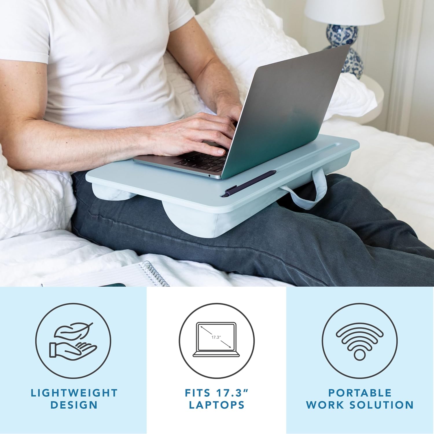LAPGEAR Original Lap Desk – Large (17.9” x 13”) | Fits Up to 17.3” Laptops | Cushioned with Device Ledge, Pencil Tray & Handle | Portable & Lightweight | Sky Blue – Style No. 45153