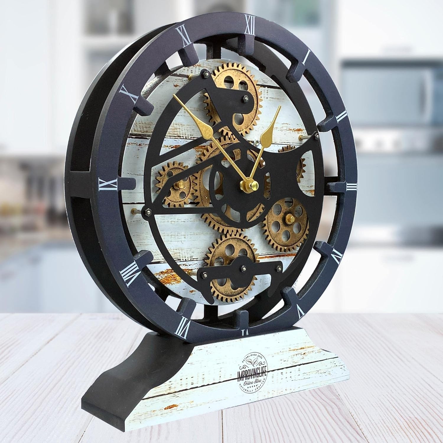 The Gears Clock Desk Clock 10 inches with Real Moving Gears Convertible into Wall Clock (Desert Beige)