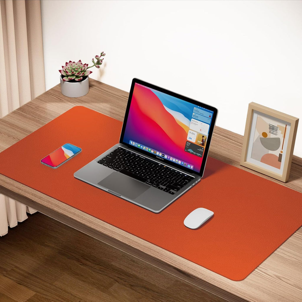 Boutilon Leather Desk Pad Protector,Non-Slip Mouse Pad,Laptop Desk Pad,Office Mouse Mat,Waterproof Leather Desk Blotter,Desk Writing Pad for Office and Home (M-Orange H,30"x14")