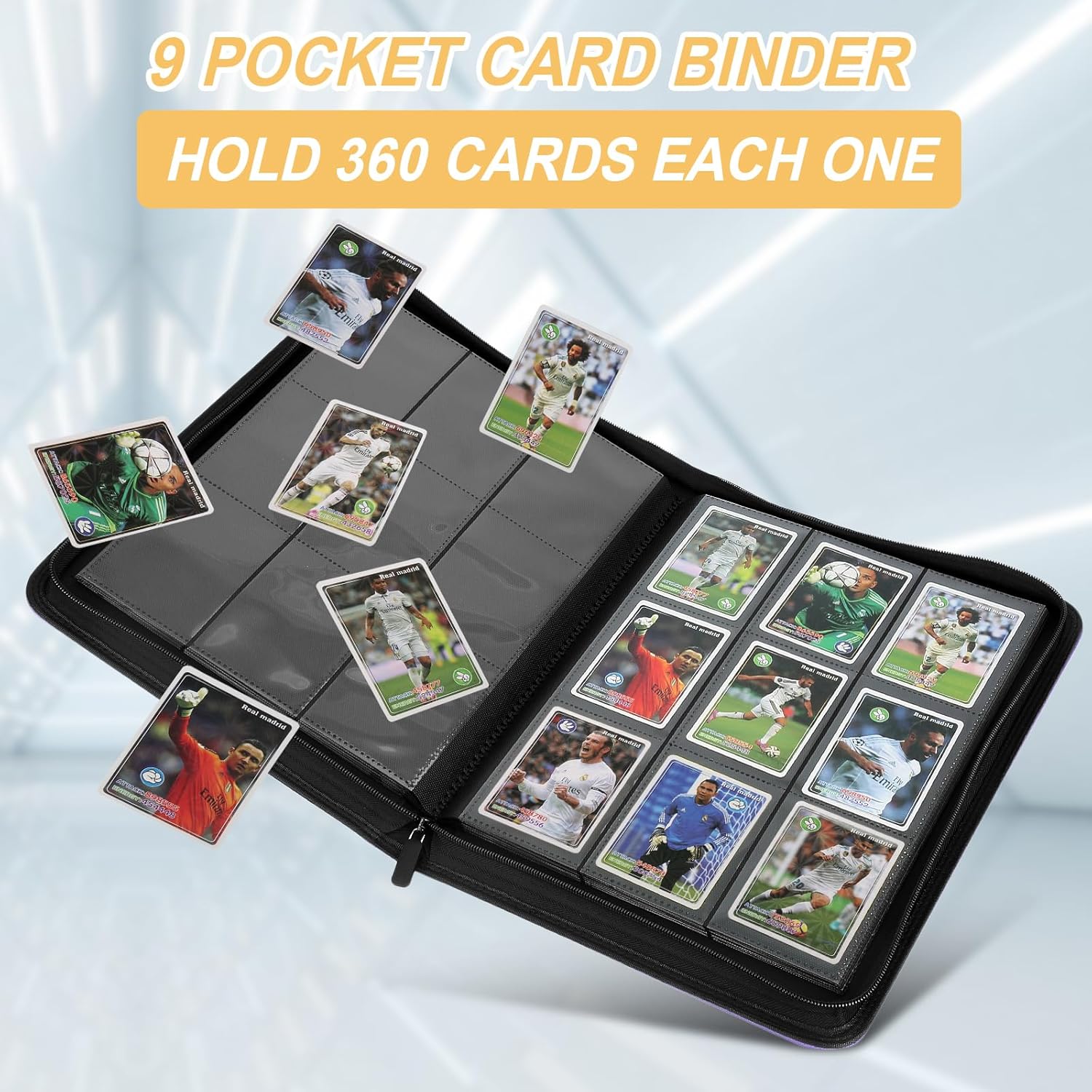 Trading Card Binder 9 Pocket, GERMUN PU Cover Card Binder for 360 Cards, Premium Trading Card Holder Folders, Double Sided Pocket Card Album for MTG, TCG (Black)