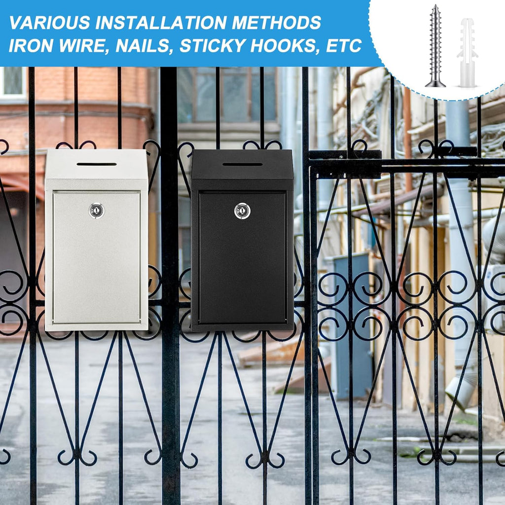 2 Pack Metal Suggestion Boxes with Lock Keys Ballot Donation Boxes with Slot for Fundraising Wall Mounted Mailbox Delivery Container for Home Office Outdoor Door, 10.2x5.7x2.95in(White, Black)