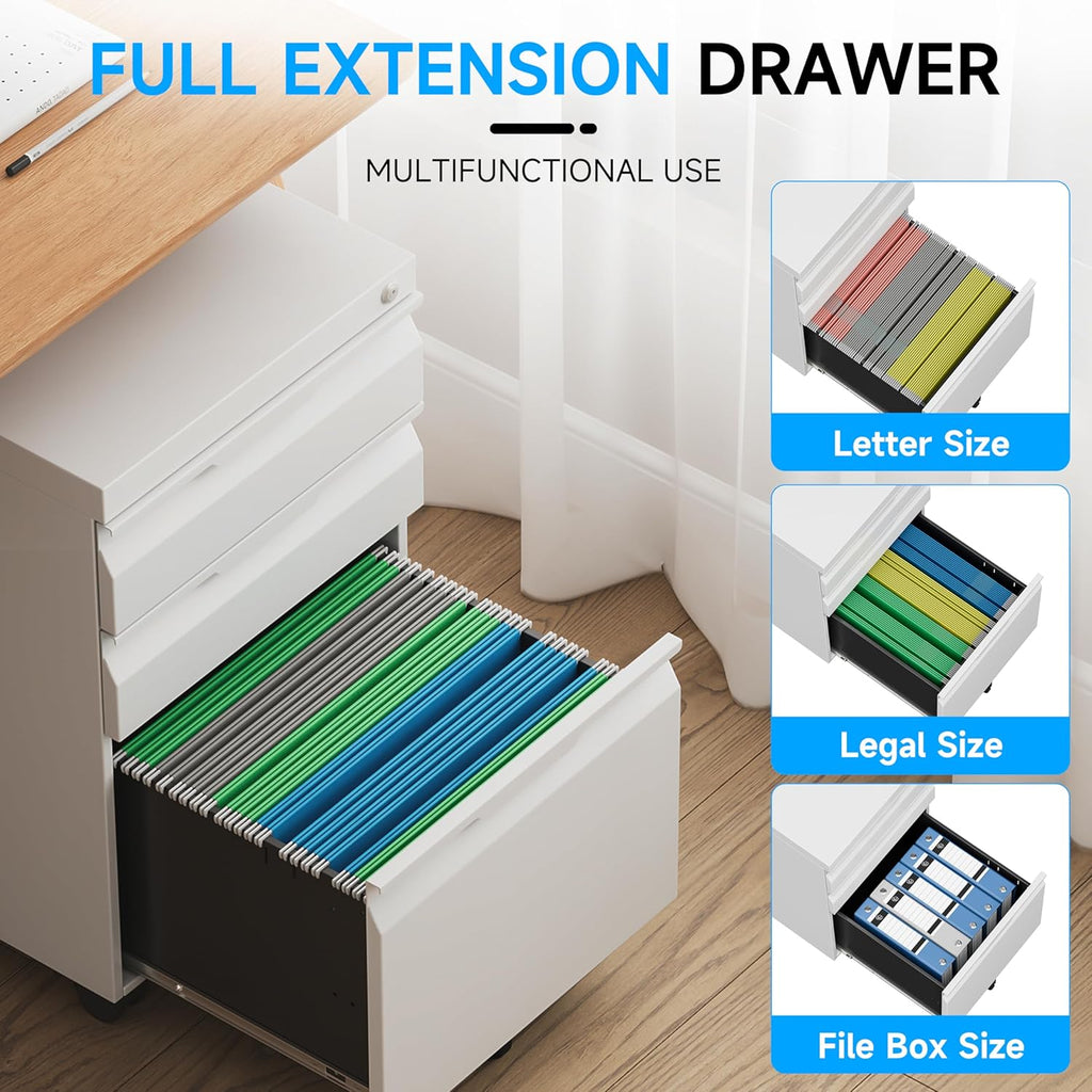 Bestoo 3 Drawer Mobile File Cabinet, Metal Filing Cabinets with Lock Wheels Under Desk, Lockable Rolling File Cabinet for Home Office, Fit Letter/Legal/A4 Size (White)