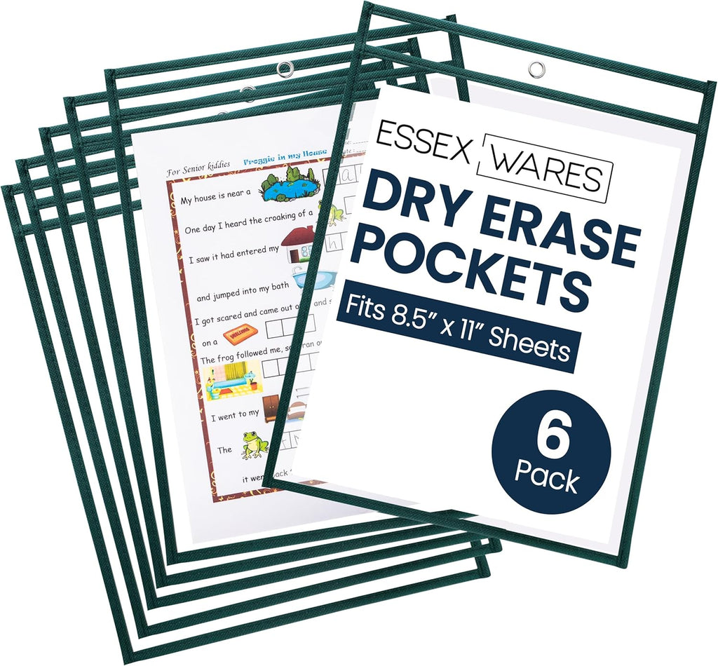 Essex Wares - 6 Pack, Forest Green, Water-Resistant Dry Erase Pocket Document Protectors, 10" Wide x 13.5" Tall - Dry Erase Clear Plastic Sleeves - Reusable & Easy Erase Plastic Invoice Holders