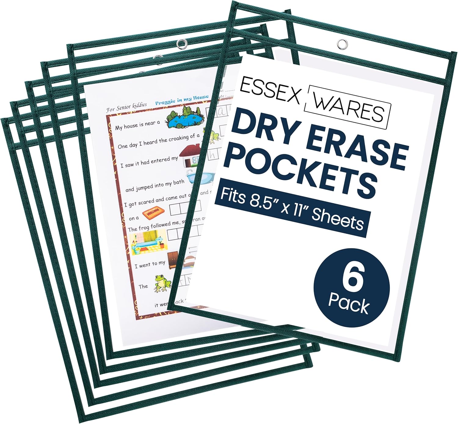 Essex Wares - 6 Pack, Forest Green, Water-Resistant Dry Erase Pocket Document Protectors, 10" Wide x 13.5" Tall - Dry Erase Clear Plastic Sleeves - Reusable & Easy Erase Plastic Invoice Holders