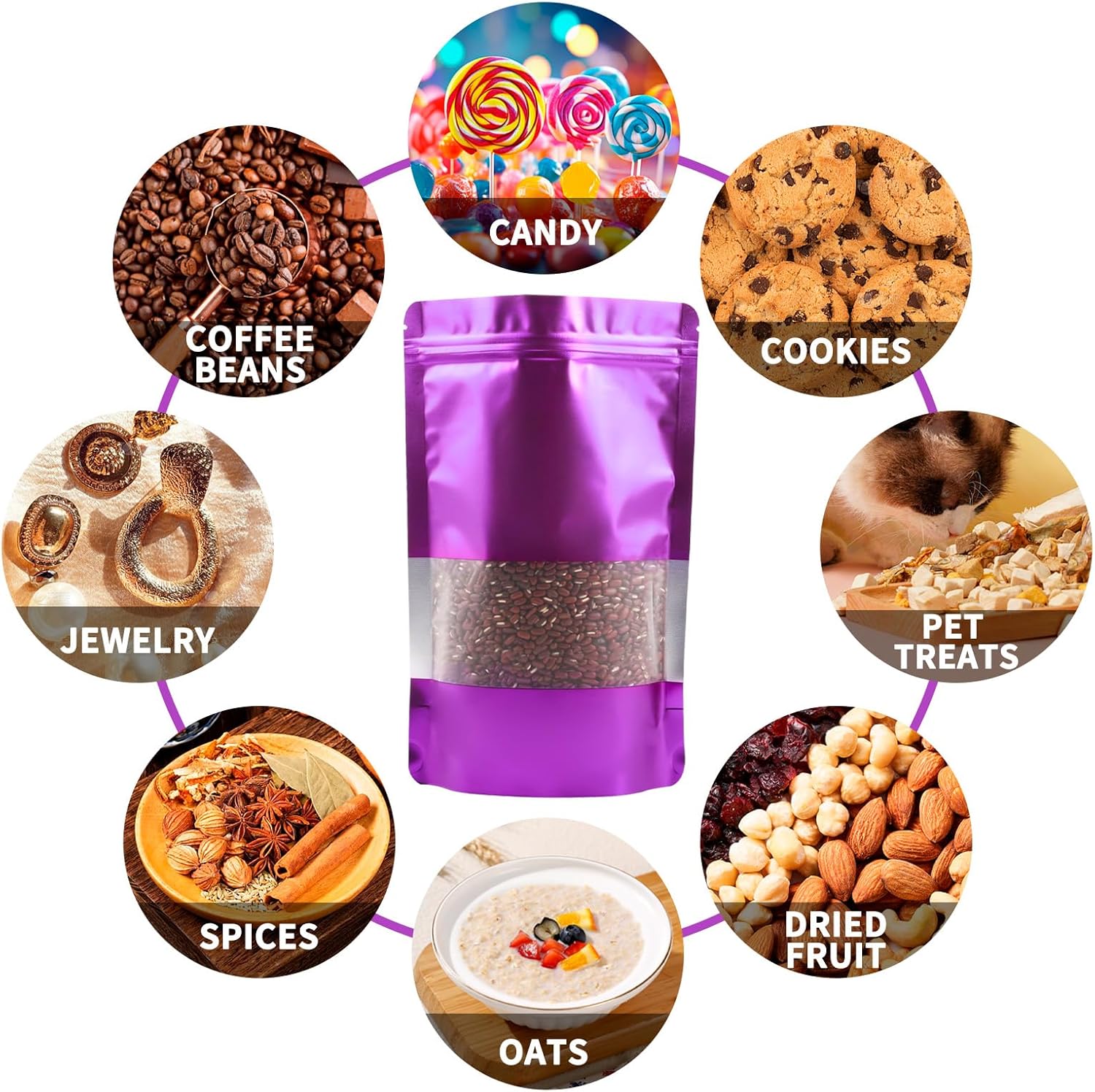 100 Pack Smell Proof Bags, Resealable Purple Mylar Bags with Matte Window, Foil Pouch Stand Up Sealable Bags for Packaging, 5.51 × 7.87 Inch
