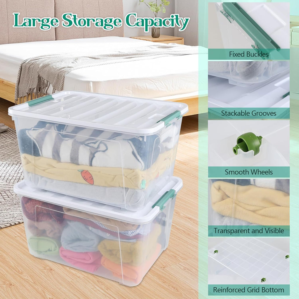 Pekky 85 Quart Clear Storage Bin on Wheels, 4-Pack Large Plastic Latching Box