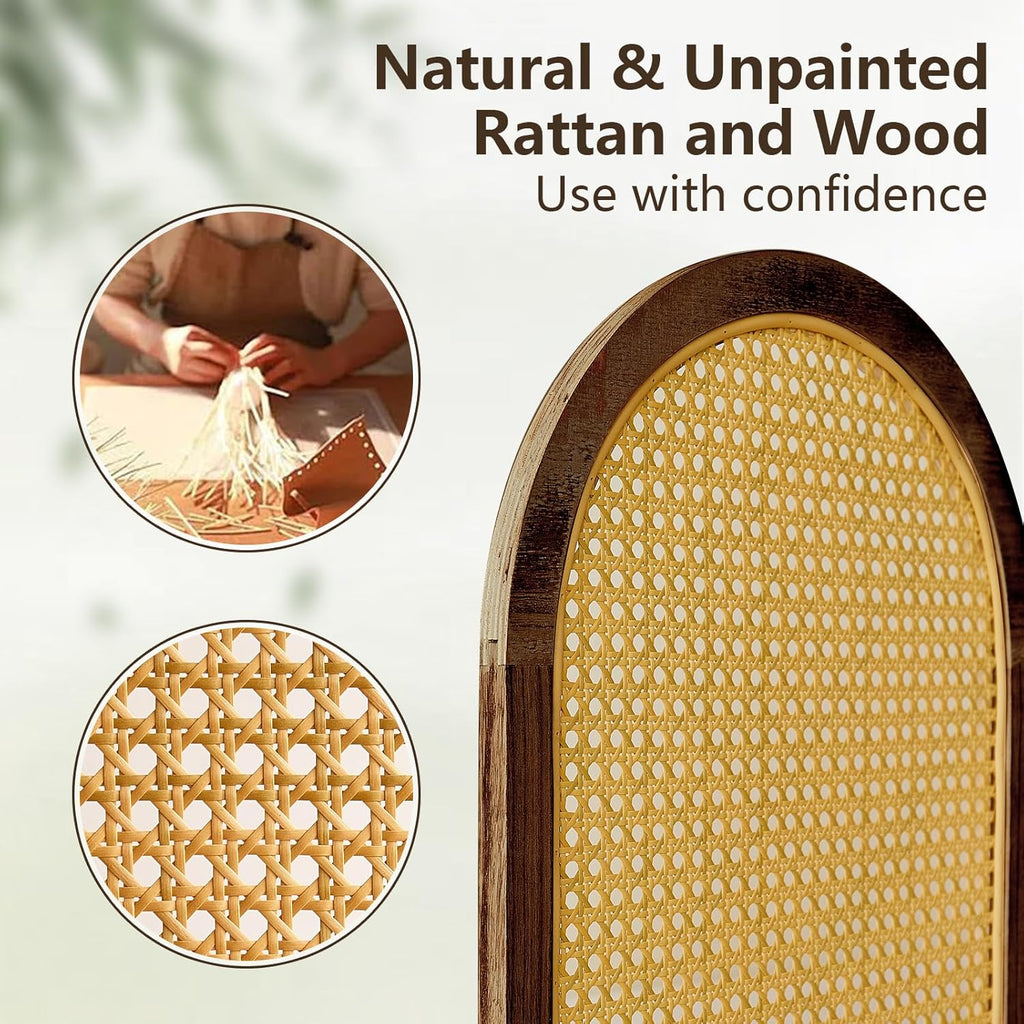 6 Panels Room Dividers and Hand-Woven Rattan Room Divider Wall, Wood Room Divider Folding Privacy Screens for Home Office Bedroom, Brown